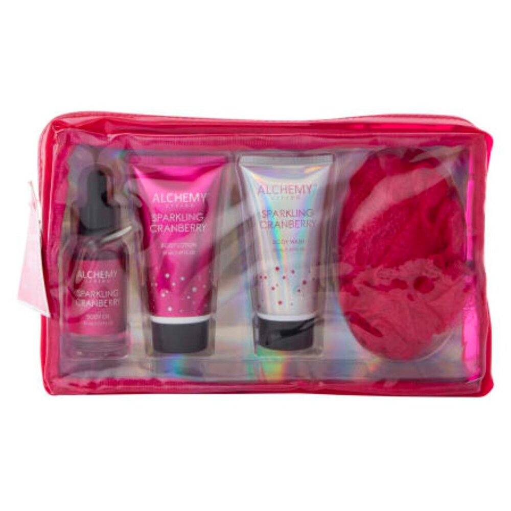 NEW Alchemy Living Sparkling Cranberry 4-Piece Spa Set + Reusable Travel Bag